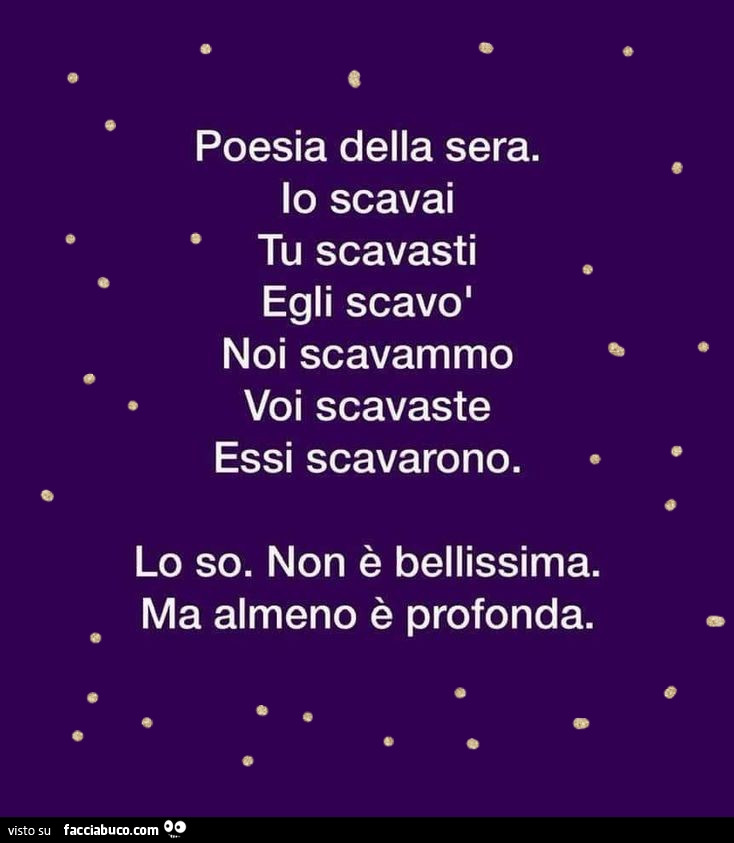 Poesia della sera. Io scavai, tu scavasti egli scavò noi scavammo voi scavaste essi scavarono. Lo so. Non è bellissima. Ma almeno è profonda