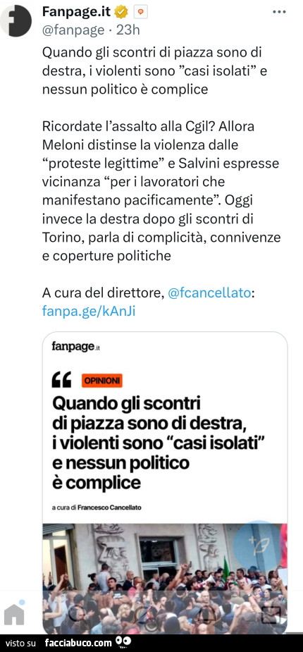 Quando gli scontri di piazza sono di destra, i violenti sono casi isolati e nessun politico è complice ricordate l'assalto alla cgil? Allora meloni distinse la violenza dalle proteste legittime e salvini espresse vicinanza per i lavoratori che manife