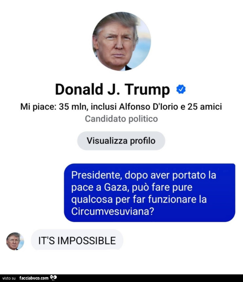 Donald j. Trump. Presidente, dopo aver portato la pace a gaza, può fare pure qualcosa per far funzionare la circumvesuviana? Its impossible