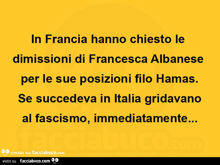 In francia hanno chiesto le dimissioni di francesca albanese per le sue posizioni filo hamas. Se succedeva in italia gridavano al fascismo, immediatamente