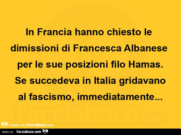 In francia hanno chiesto le dimissioni di francesca albanese per le sue posizioni filo hamas. Se succedeva in italia gridavano al fascismo, immediatamente