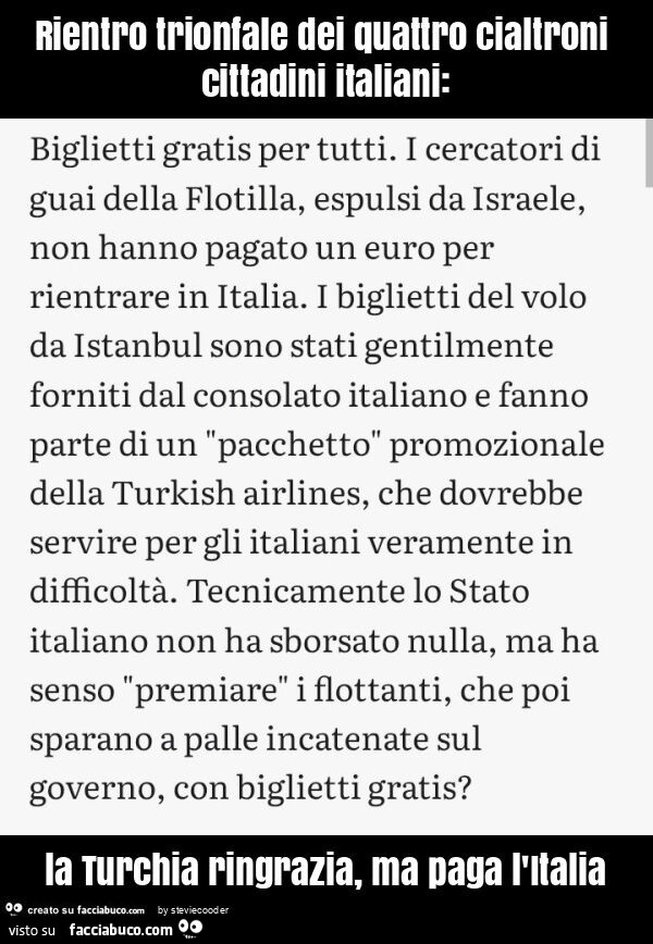 Rientro trionfale dei quattro cialtroni cittadini italiani: la turchia ringrazia, ma paga l'italia