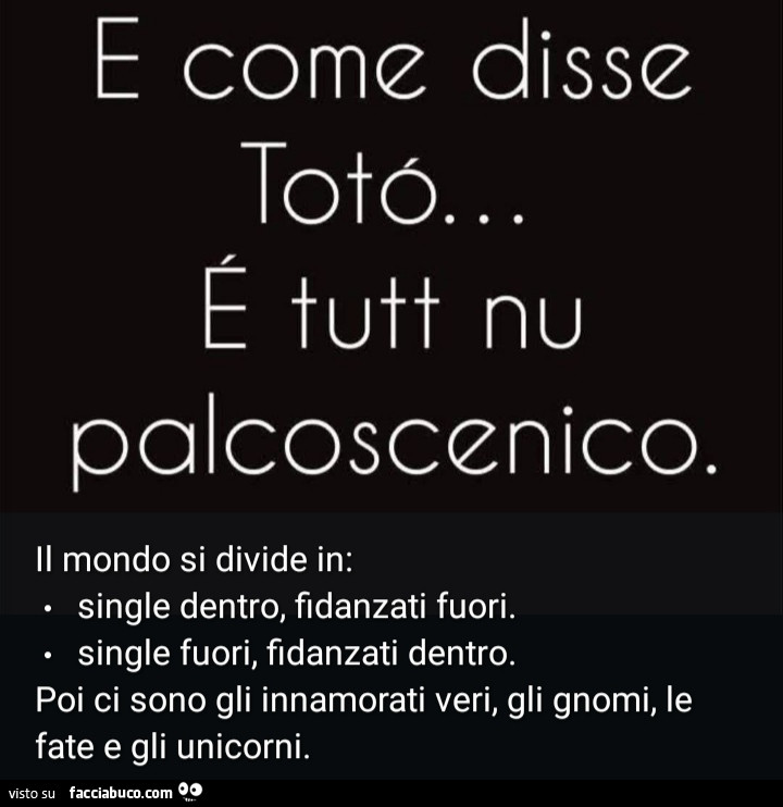 E come disse toto é tutt nu palcoscenico. Il mondo si divide in: single dentro, fidanzati fuori. Single fuori, fidanzati dentro. Poi ci sono gli innamorati veri, gli gnomi, le fate e gli unicorni
