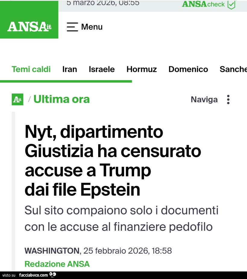Nyt, dipartimento giustizia ha censurato accuse a trump dai file epstein