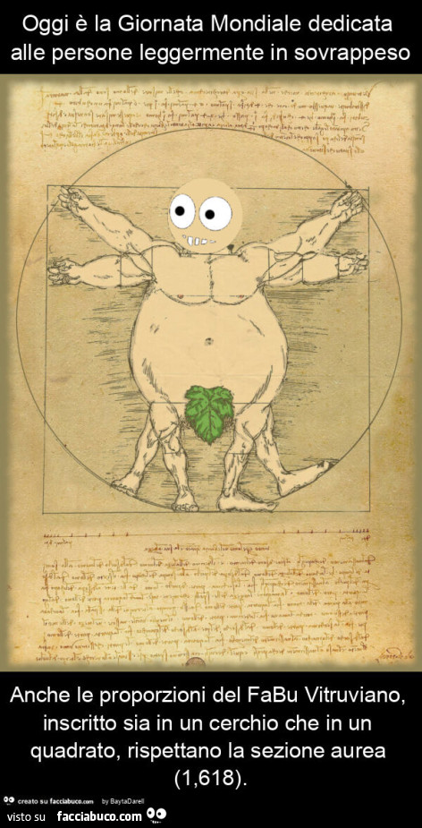 Oggi è la giornata mondiale dedicata alle persone leggermente in sovrappeso anche le proporzioni del fabu vitruviano, inscritto sia in un cerchio che in un quadrato, rispettano la sezione aurea (1,618)
