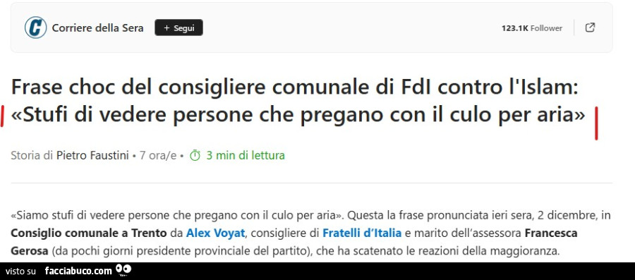 Frase choc del consigliere comunale di fdl contro l'islam: stufi di vedere persone che pregano con il culo per aria