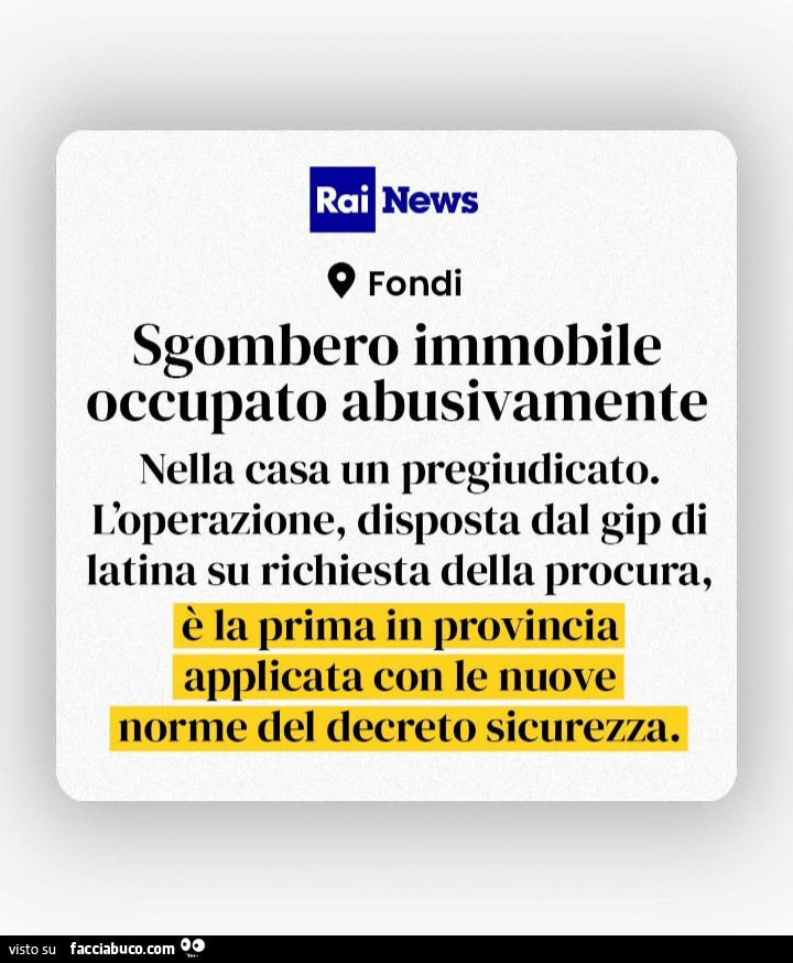Sgombero immobile occupato abusivamente. Nella casa un pregiudicato. L'operazione, disposta dal gip di latina su richiesta della procura, è la prima in provincia applicata con le nuove norme del decreto sicurezza