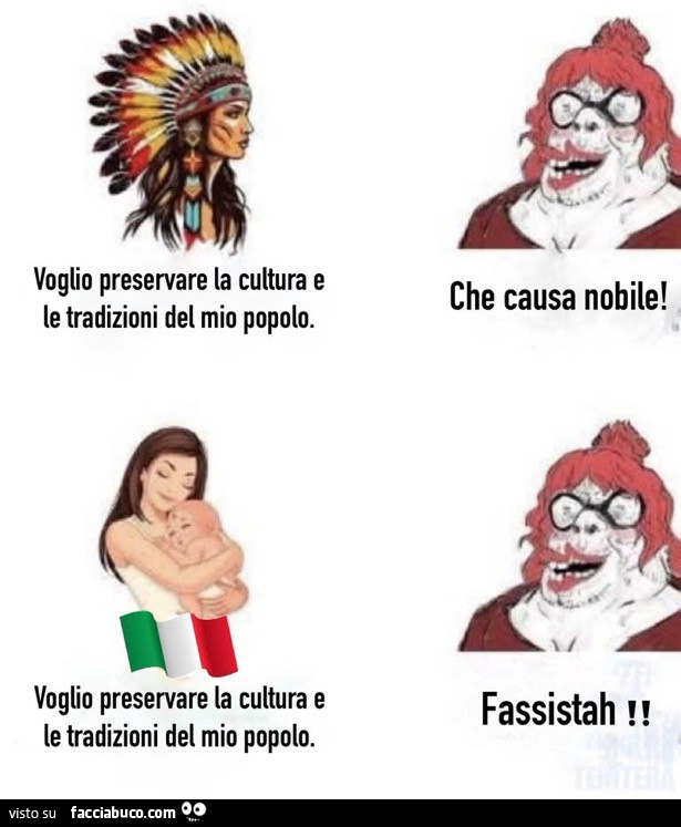 Voglio preservare la cultura e le tradizioni del mio popolo. Che causa nobile! Voglio preservare la cultura e le tradizioni del mio popolo. Fassistah