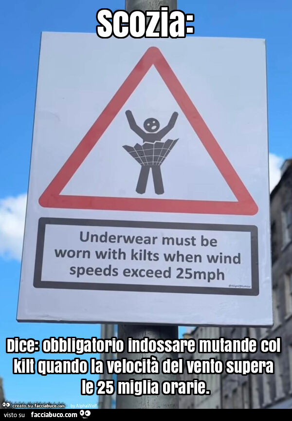 Scozia: dice: obbligatorio indossare mutande col kilt quando la velocità del vento supera le 25 miglia orarie