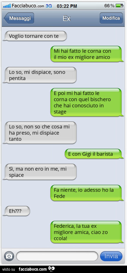 Voglio tornare con te. Mi hai fatto le corna con il mio ex migliore amico. Lo so, mi dispiace, sono pentita. E poi mi hai fatto le corna con quel bischero che hai conosciuto in stage. Lo so, non so che cosa mi ha preso, mi dispiace tanto. E con Gigi il ba