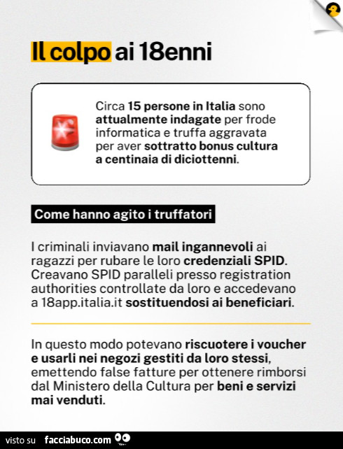 Il colpo ai 18enni circa 15 persone in italia sono attualmente indagate per frode informatica e truffa aggravata per aver sottratto bonus cultura a centinaia di diciottenni