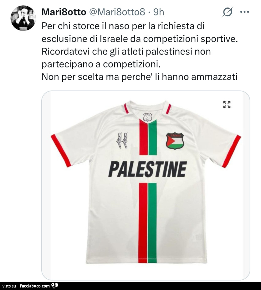 Per chi storce il naso per la richiesta di esclusione di israele da competizioni sportive. Ricordatevi che gli atleti palestinesi non partecipano a competizioni. Non per scelta ma perchè li hanno ammazzati
