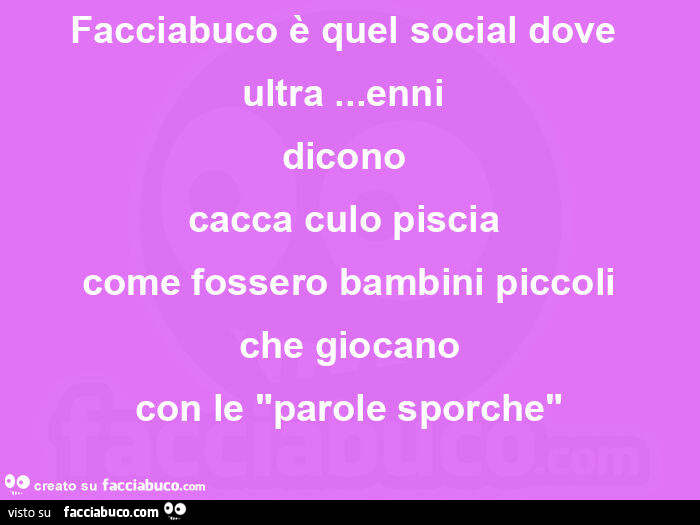 Facciabuco è quel social dove  ultra… enni  dicono  cacca culo piscia  come fossero bambini piccoli che giocano con le "parole sporche"