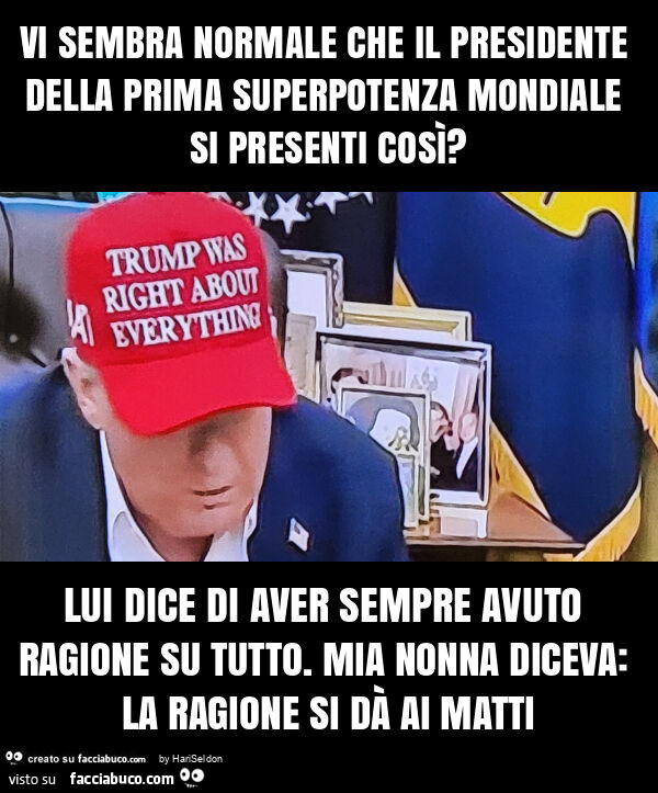 Vi sembra normale che il presidente della prima superpotenza mondiale si presenti così? Lui dice di aver sempre avuto ragione su tutto. Mia nonna diceva: la ragione si dà ai matti