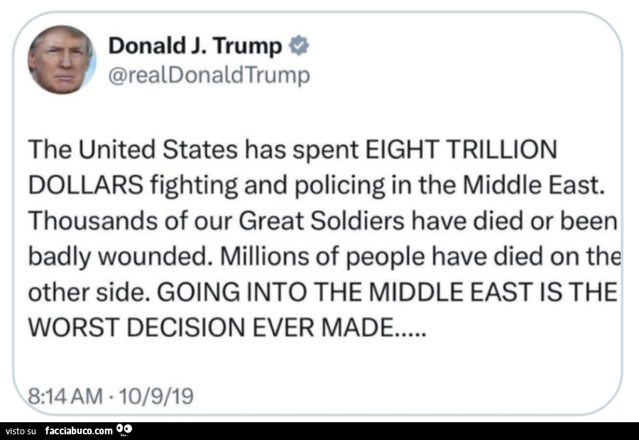 The united states has spent eight trillion dollars fighting and policing in the middle east