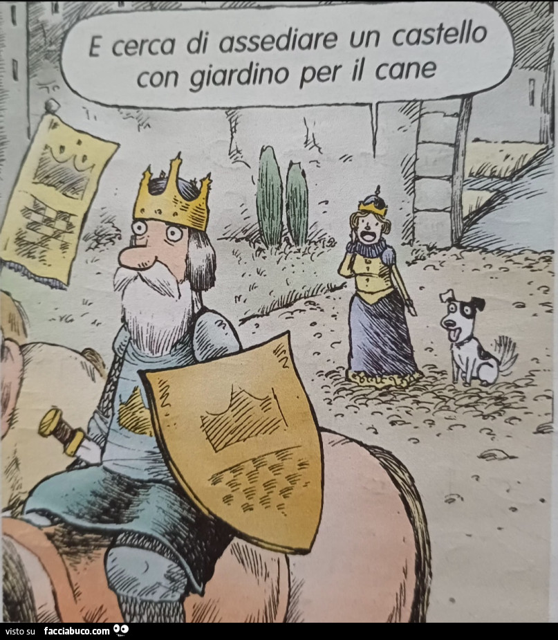 Cavaliere dama e cerca di assediare un castello con giardino per il cane vignetta la settimana enigmistica