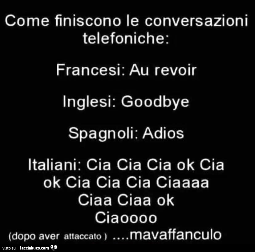 Come finiscono le conversazioni telefoniche: francesi: au revoir inglesi: goodbye spagnoli: adios italiani: cia cia cia ok cia ok cia cia cia ciaaaa ciaa ciaa ok ciaoooo. Dopo aver attaccato… mavaffanculo