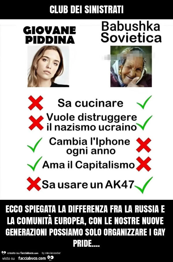 Club dei sinistrati ecco spiegata la differenza fra la russia e la comunità europea, con le nostre nuove generazioni possiamo solo organizzare i gay pride