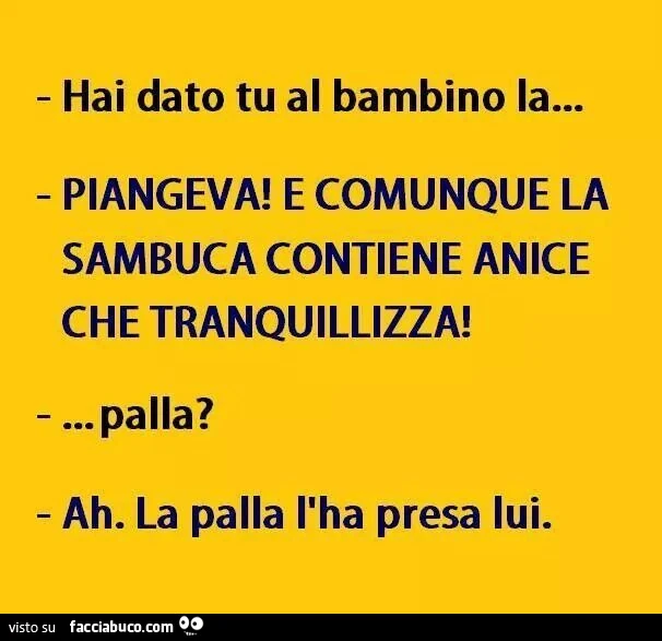 Hai dato tu al bambino la&hellip; Piangeva! E comunque la sambuca contiene anice che tranquillizza! Palla? Ah. La palla l'ha presa lui