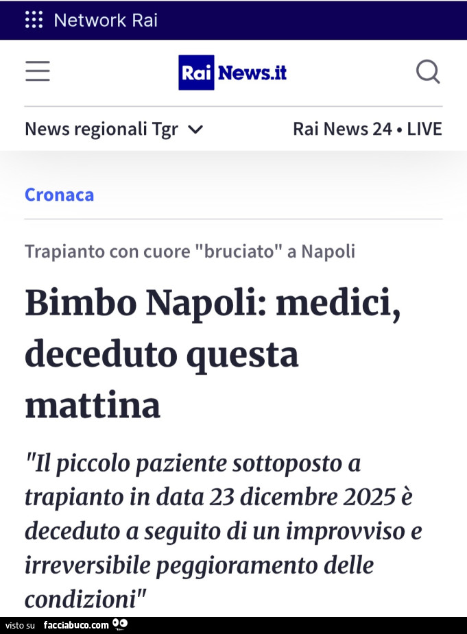 Bimbo napoli: medici, deceduto questa mattina