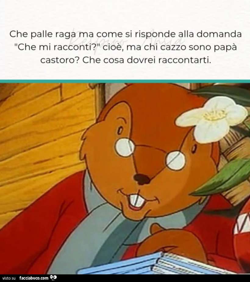 Che palle raga ma come si risponde alla domanda che mi racconti cioè ma chi cazzo sono papà castoro che cosa dovrei raccontarti