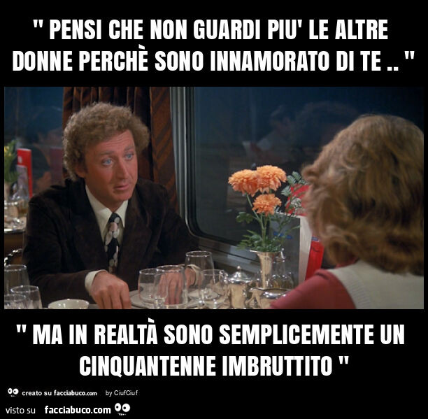 " pensi che non guardi più le altre donne perchè sono innamorato di te. " " Ma in realtà sono semplicemente un cinquantenne imbruttito "