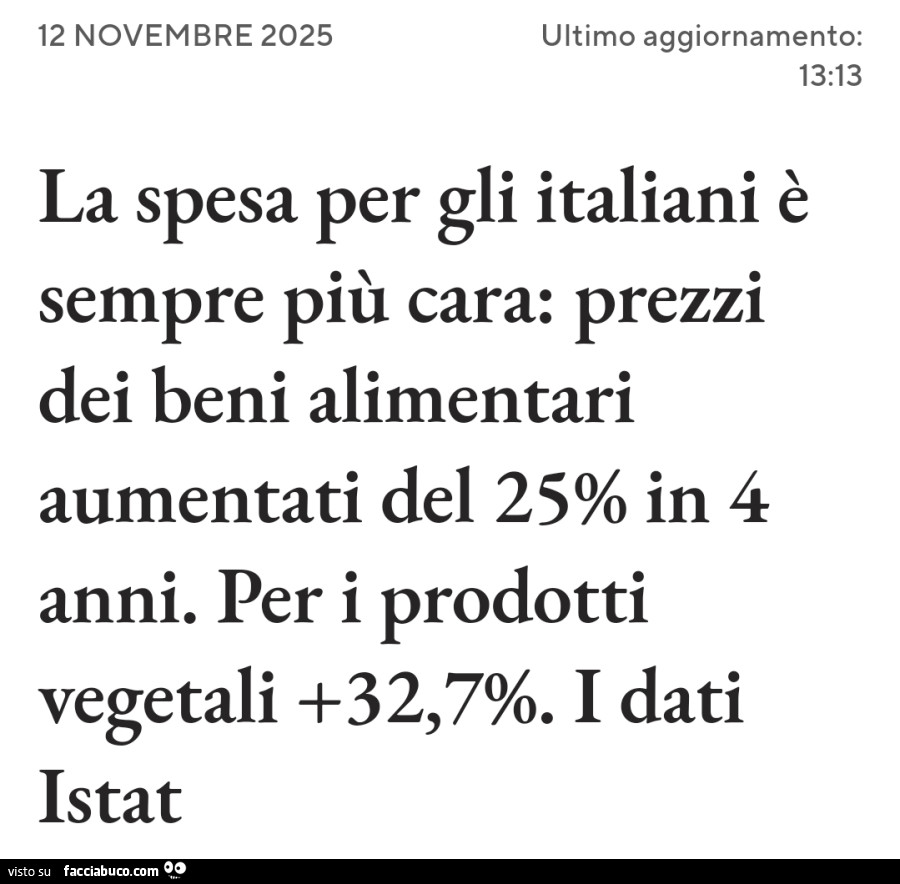 La spesa per gli italiani è sempre più cara: prezzi dei beni alimentari aumentati del 25% in 4 anni. Per i prodotti vegetali 32,7%. I dati istat