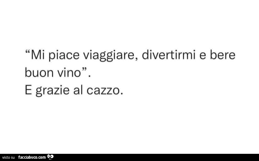 Mi piace viaggiare, divertirmi e bere buon vino. E grazie al cazzo