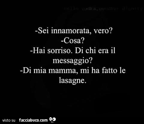 Sei innamorata, vero? Cosa? Hai sorriso. Di chi era il messaggio? Di mia mamma, mi ha fatto le lasagne