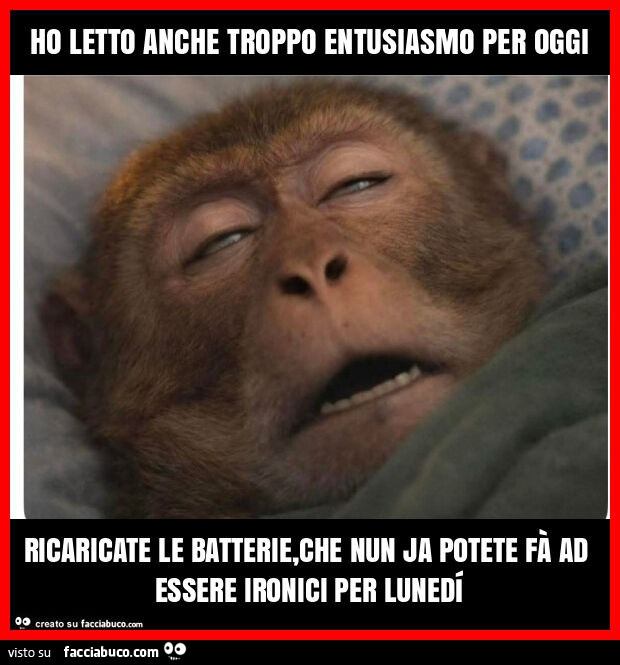 Ho letto anche troppo entusiasmo per oggi ricaricate le batterie, che nun ja potete fà ad essere ironici per lunedí