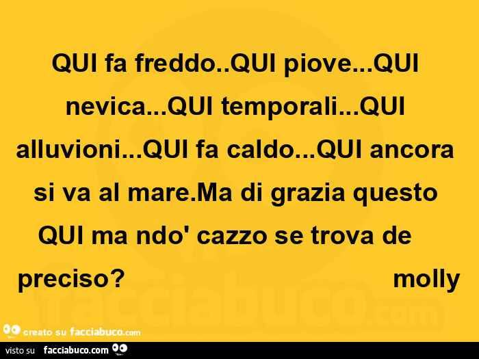 Qui fa freddo. Qui piove… qui nevica… qui temporali… qui alluvioni… qui fa caldo… qui ancora si va al mare. Ma di grazia questo qui ma ndò cazzo se trova de preciso?