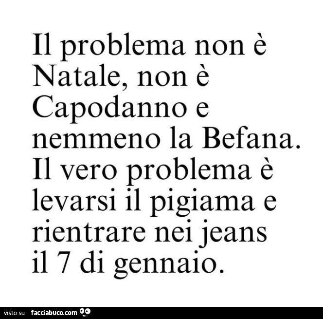 Il problema non è natale, non è capodanno e nemmeno la befana. Il vero problema è levarsi il pigiama e rientrare nei jeans il 7 di gennaio