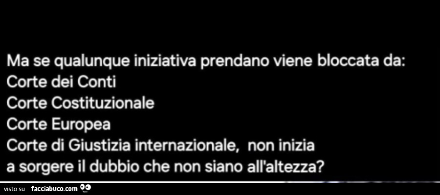 Ma se qualunque iniziativa prendano viene bloccata da: corte dei conti corte costituzionale corte europea corte di giustizia internazionale, non inizia a sorgere il dubbio che non siano all'altezza?