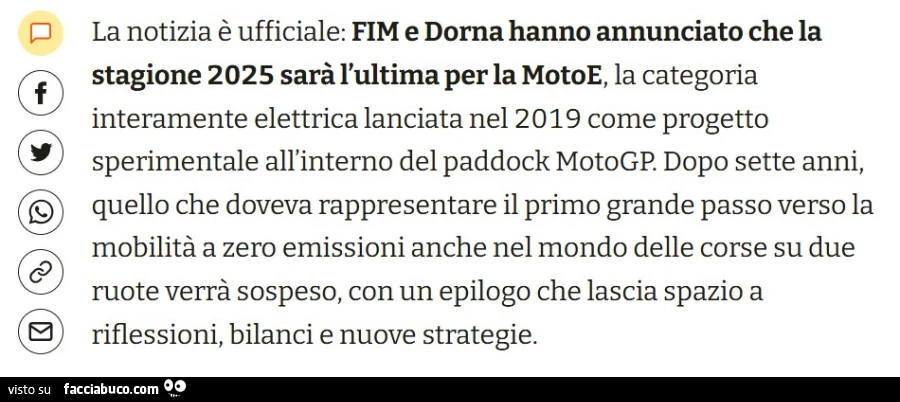 Fim e dorna hanno annunciato che la stagione 2025 sarร l'ultima per la motoE, la categoria interamente elettrica lanciata nel 2019 come progetto sperimentale all'interno del paddock motogp