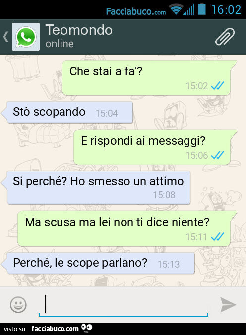 Che stai a fà? Stò scopando E rispondi ai messaggi? Si perché? Ho smesso un attimo Ma scusa ma lei non ti dice niente? Perché, le scope parlano?