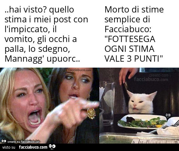 Hai visto? Quello stima i miei post con l'impiccato, il vomito, gli occhi a palla, lo sdegno, mannagg' upuorc… morto di stime semplice di facciabuco: "fottesega ogni stima valgono 3 punti"