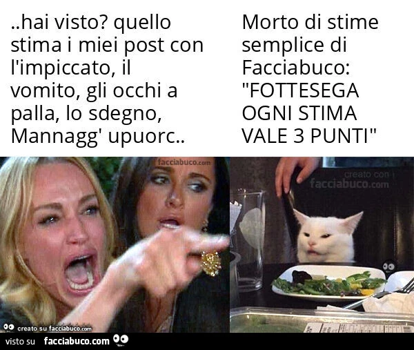 Hai visto? Quello stima i miei post con l'impiccato, il vomito, gli occhi a palla, lo sdegno, mannagg' upuorc&hellip; morto di stime semplice di facciabuco: "fottesega ogni stima valgono 3 punti"