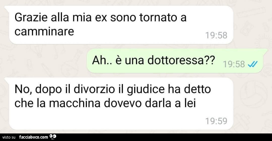 Grazie alla mia ex sono tornato a camminare. Ah. ร Una dottoressa? No, dopo il divorzio il giudice ha detto che la macchina dovevo darla a lei