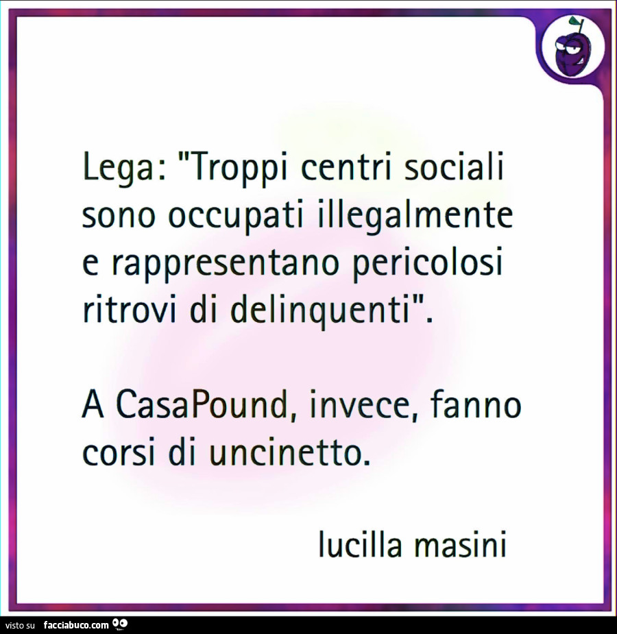 Lega: troppi centri sociali sono occupati illegalmente e rappresentano pericolosi ritrovi di delinquenti. A casapound, invece, fanno corsi di uncinetto. Lucilla masini