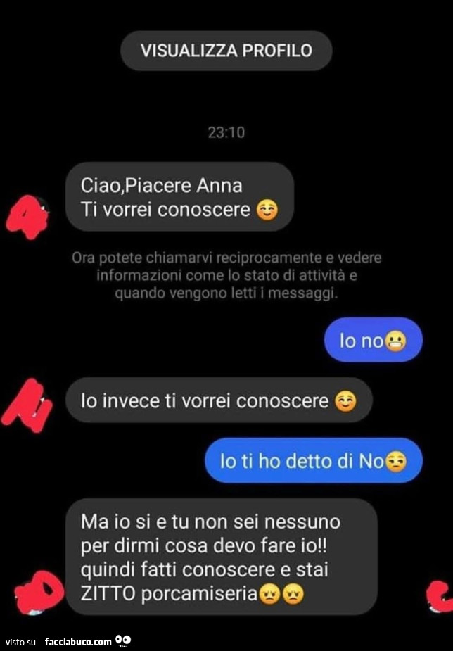 Ciao, piacere anna ti vorrei conoscere. Io no. Io invece ti vorrei conoscere. Io ti ho detto di no. Ma io si e tu non sei nessuno per dirmi cosa devo fare io! Quindi fatti conoscere e stai zitto