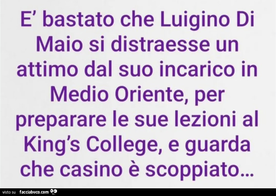 È bastato che Luigino Di Maio si distraesse un attimo dal suo incarico in Medio Oriente, per preparare le sue lezioni al King's College, e guarda che casino è scoppiato