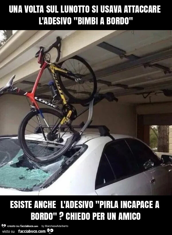 Una volta sul lunotto si usava attaccare l'adesivo "bimbi a bordo" esiste anche l'adesivo "pirla incapace a bordo"? Chiedo per un amico