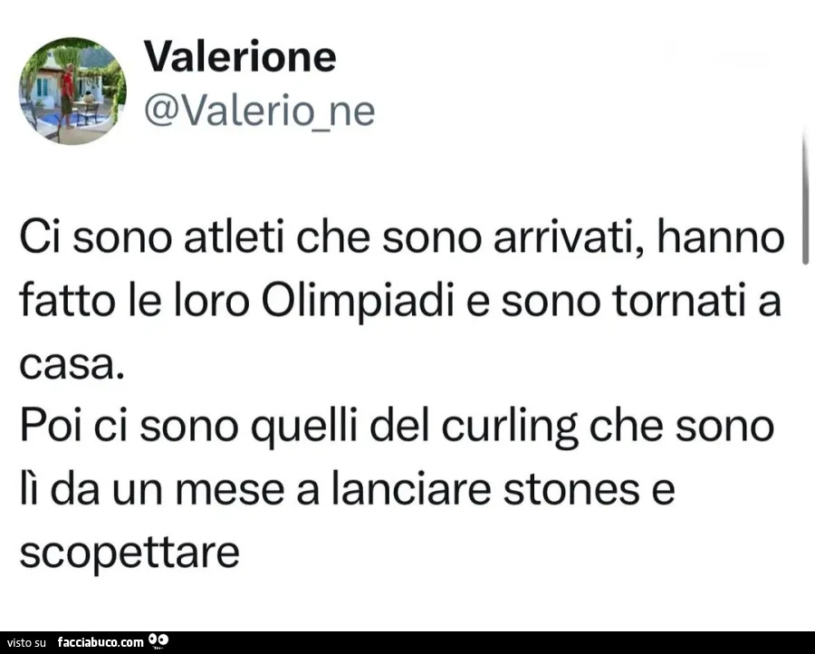 Ci sono atleti che sono arrivati, hanno fatto le loro Olimpiadi e sono tornati a casa. Poi ci sono quelli del curling che sono lรฌ da un mese a lanciare stones e scopettare