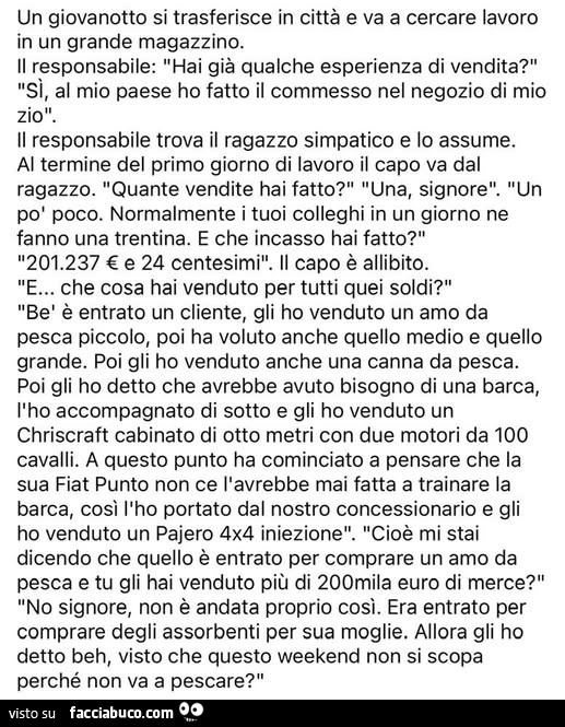 Un giovanotto si trasferisce in città e va a cercare lavoro in un grande magazzino