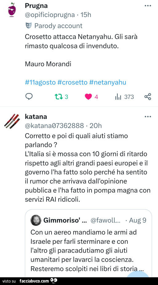 Crosetto attacca netanyahu. Gli sarà rimasto qualcosa di invenduto