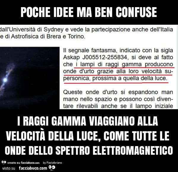 Poche idee ma ben confuse i raggi gamma viaggiano alla velocità della luce, come tutte le onde dello spettro elettromagnetico