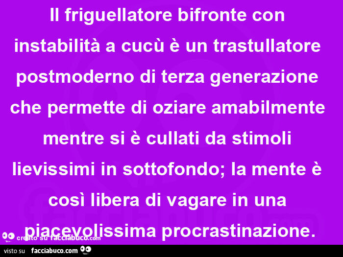 Il friguellatore bifronte con instabilità a cucù è un trastullatore postmoderno di terza generazione che permette di oziare amabilmente mentre si è cullati da stimoli lievissimi in sottofondo; la mente è così libera di vagare in una piacevolissima procras