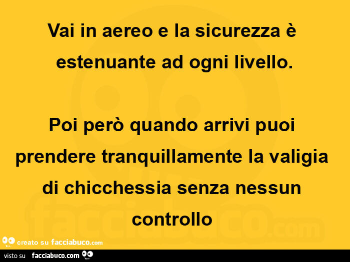 Vai in aereo e la sicurezza è estenuante ad ogni livello. Poi però quando arrivi puoi prendere tranquillamente la valigia di chicchessia senza nessun controllo 