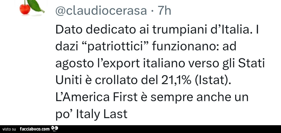 Dato dedicato ai trumpiani d'italia. I dazi patriottici funzionano: ad agosto l'export italiano verso gli stati uniti è crollato del 21,1% (istat). L'america first è sempre anche un po' italy last