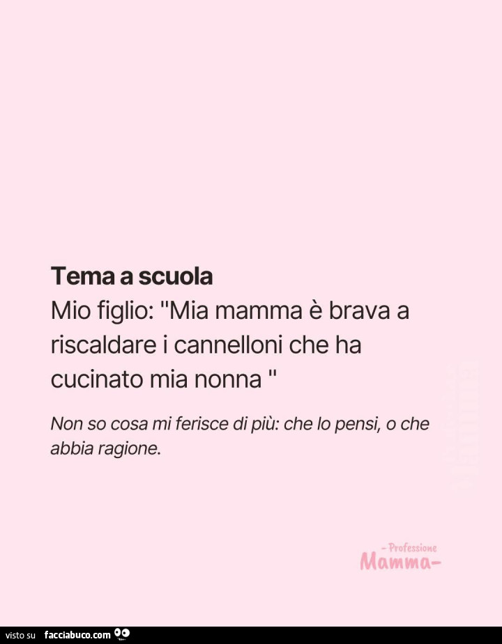 Tema a scuola. Mio figlio: mia mamma è brava a riscaldare i cannelloni che ha cucinato mia nonna. Non so cosa mi ferisce di più: che lo pensi, o che abbia ragione